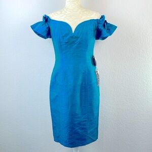 Vtg Iridescent Teal 80s 90s Off Shoulder Bow Cocktail Party Dress Expo Nite Sz 8